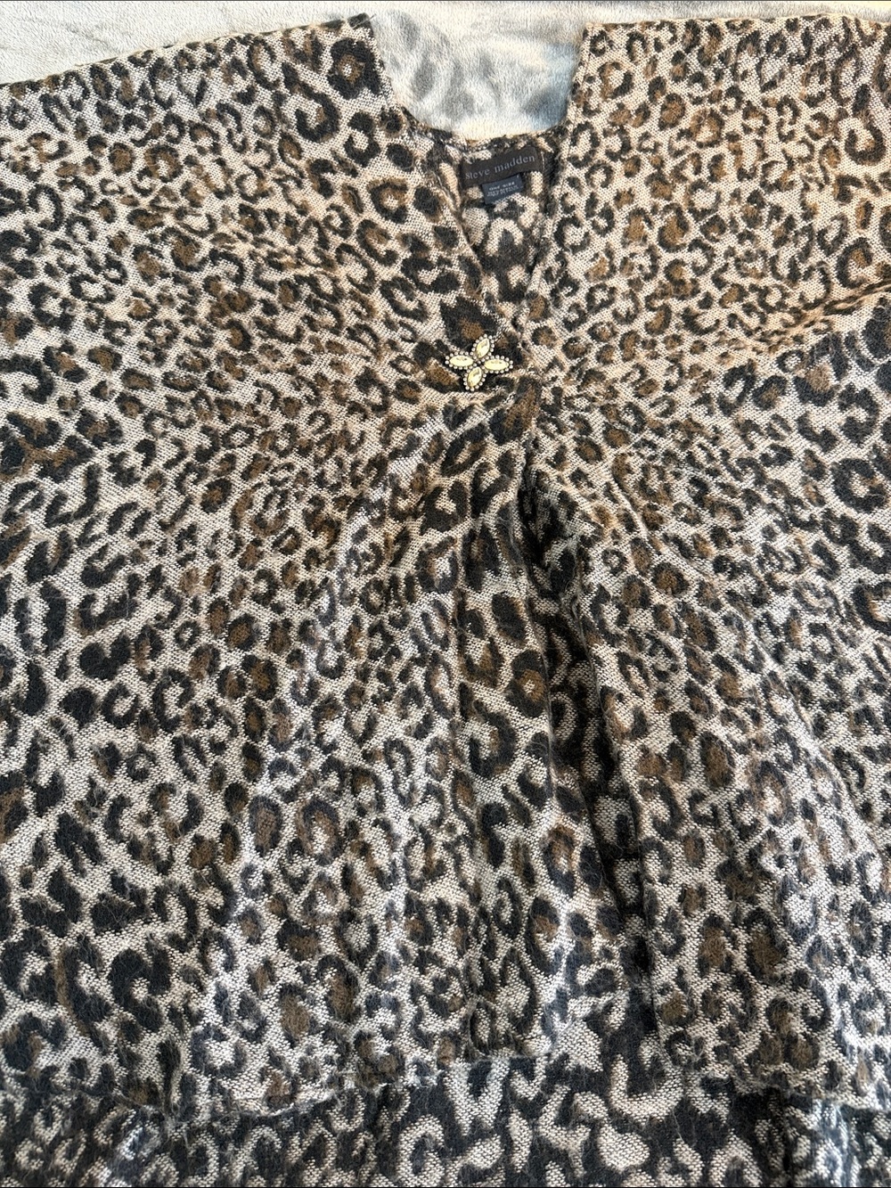Steve Madden Lovely Leopard Print Knit Cape in Brown, Black & Cream